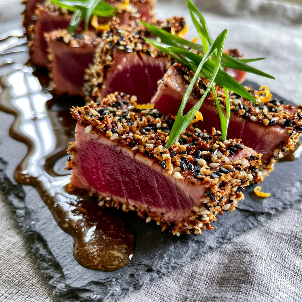 Pan-Seared Tuna Steaks with a Crunchy Sesame Crust and Ginger-Soy Glaze 2 High-angle shot of sliced Ahi tuna steaks with a glossy ginger-soy drizzle and scallions. (pan-seared tuna steaks)