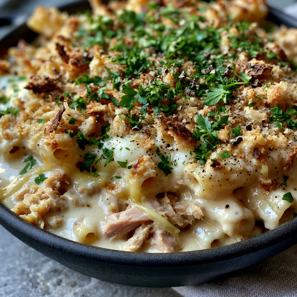 A 45-degree angle shot of a baked tuna pasta in a matte black dish with a sourdough crust.