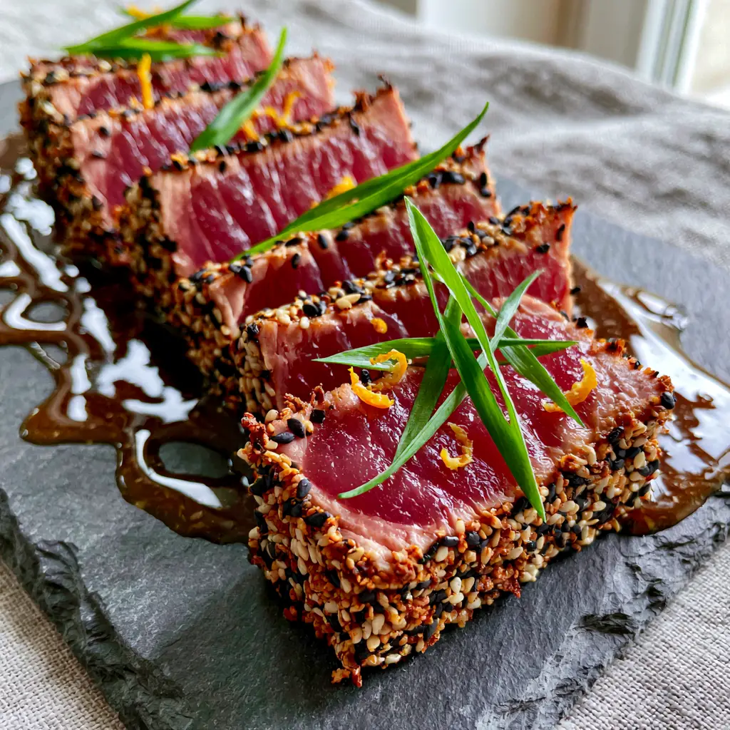 Pan-Seared Tuna Steaks with a Crunchy Sesame Crust and Ginger-Soy Glaze 1 Close-up of the crunchy black and white sesame seed crust on seared Ahi tuna.