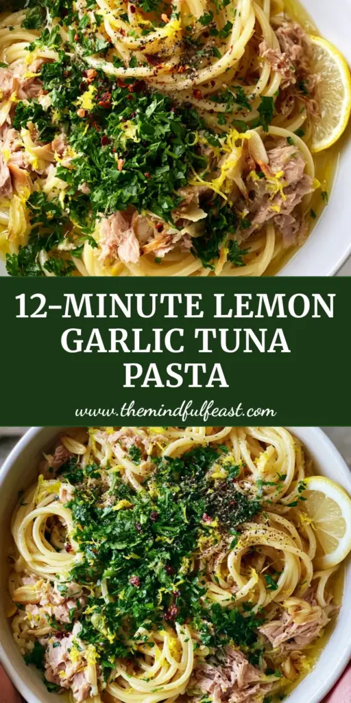Tuna Spaghetti with Lemon, Garlic, and Butter Sauce 3 A top-down handheld photo of a white bowl containing twirled tuna spaghetti with lemon slices and toasted garlic. (tuna spaghetti)