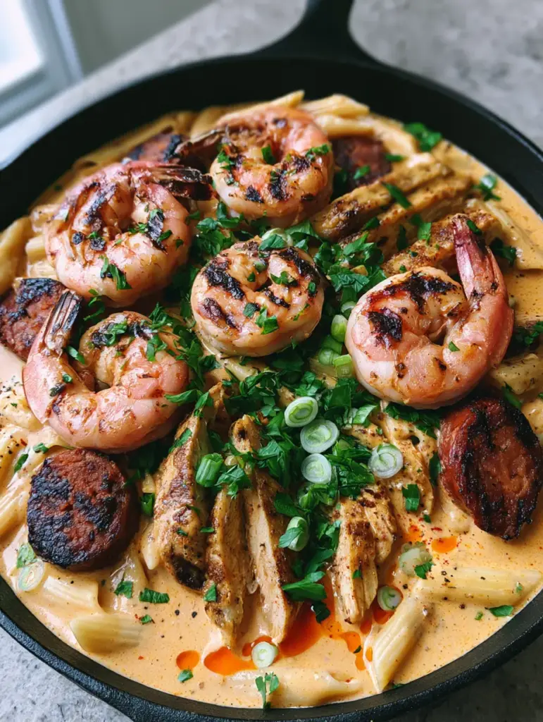 Cajun Jambalaya Pasta with Seared Shrimp, Chicken, and Andouille 1 Horizontal shot of Cajun jambalaya pasta highlighting the fresh scallion and parsley garnish and visible black pepper flecks.