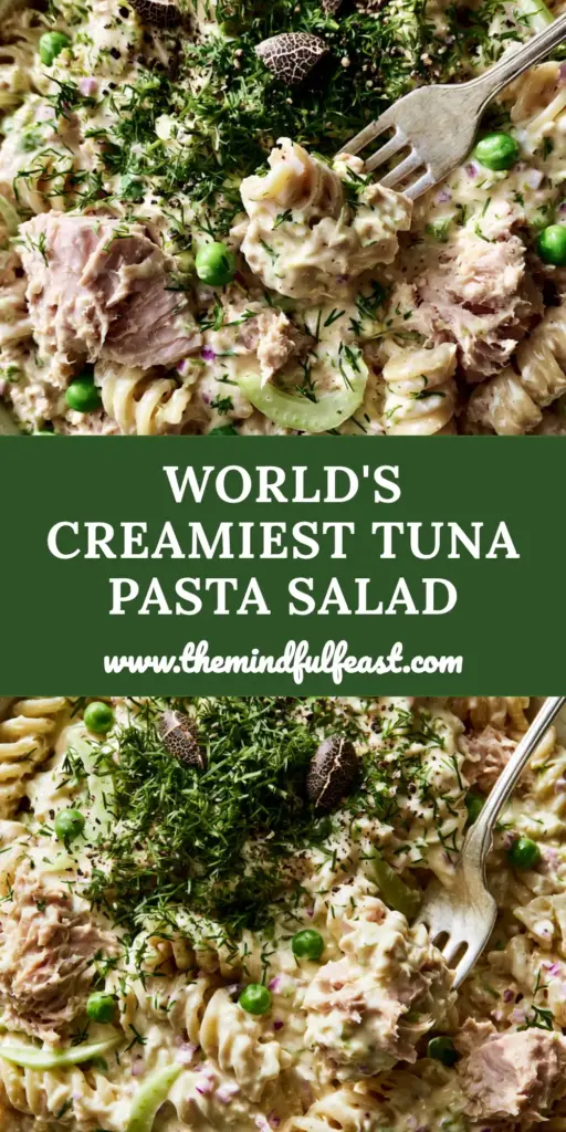 Tuna Pasta Salad with Creamy Dill and Lemon Zest 4 A top-down shot of a rustic white bowl filled with creamy Tuna pasta salad, featuring rotini, green peas, and fresh dill garnish.