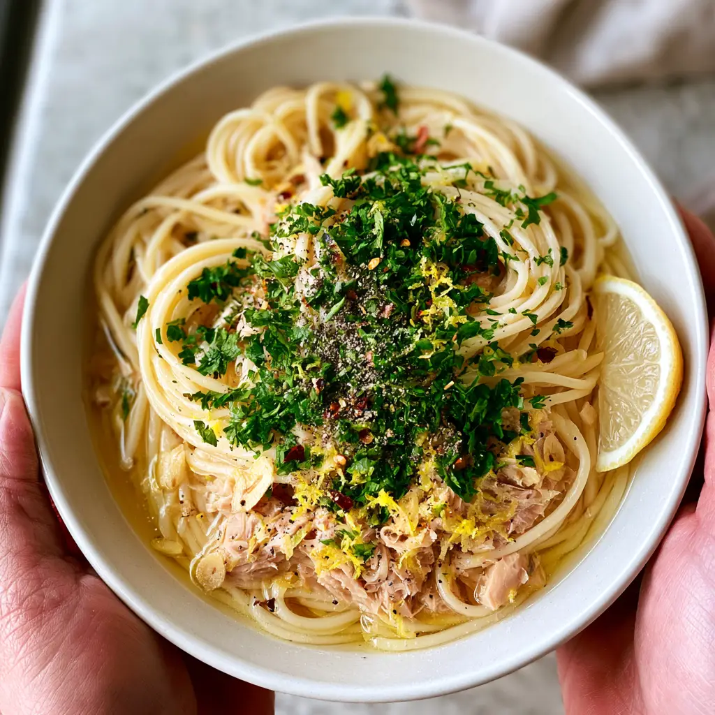 Tuna Spaghetti with Lemon, Garlic, and Butter Sauce 2 Close up of shimmering golden tuna spaghetti with fresh parsley and chili flakes in a white ceramic bowl. (tuna spaghetti)