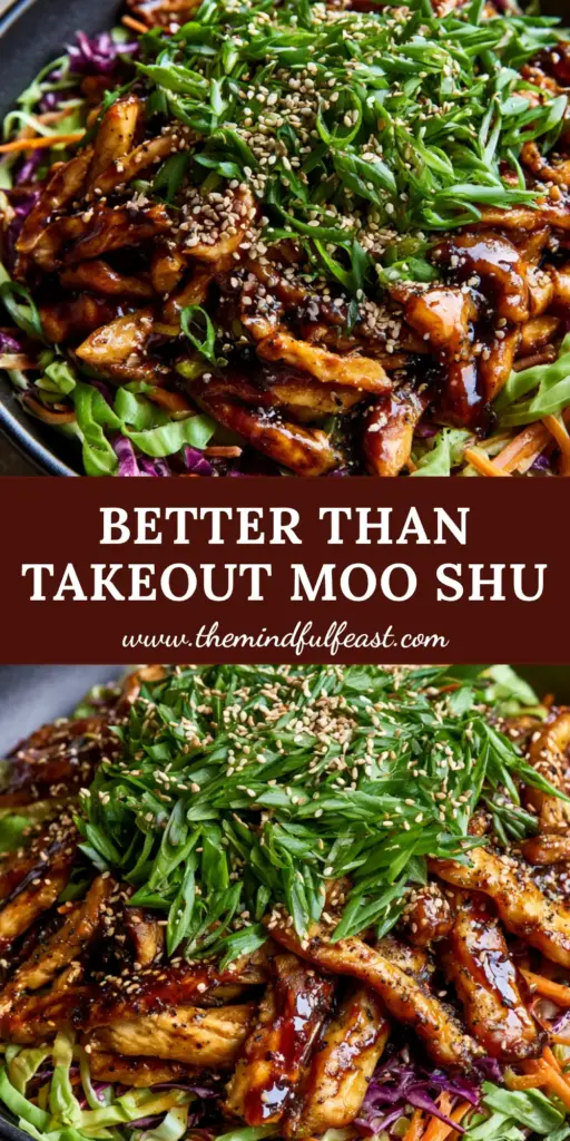 Moo Shu Chicken: A Glossy, Better-Than-Takeout Stir-Fry Recipe 3 A high-angle close-up of Moo Shu Chicken in a black bowl featuring seared golden chicken breast and glossy mahogany hoisin glaze.
