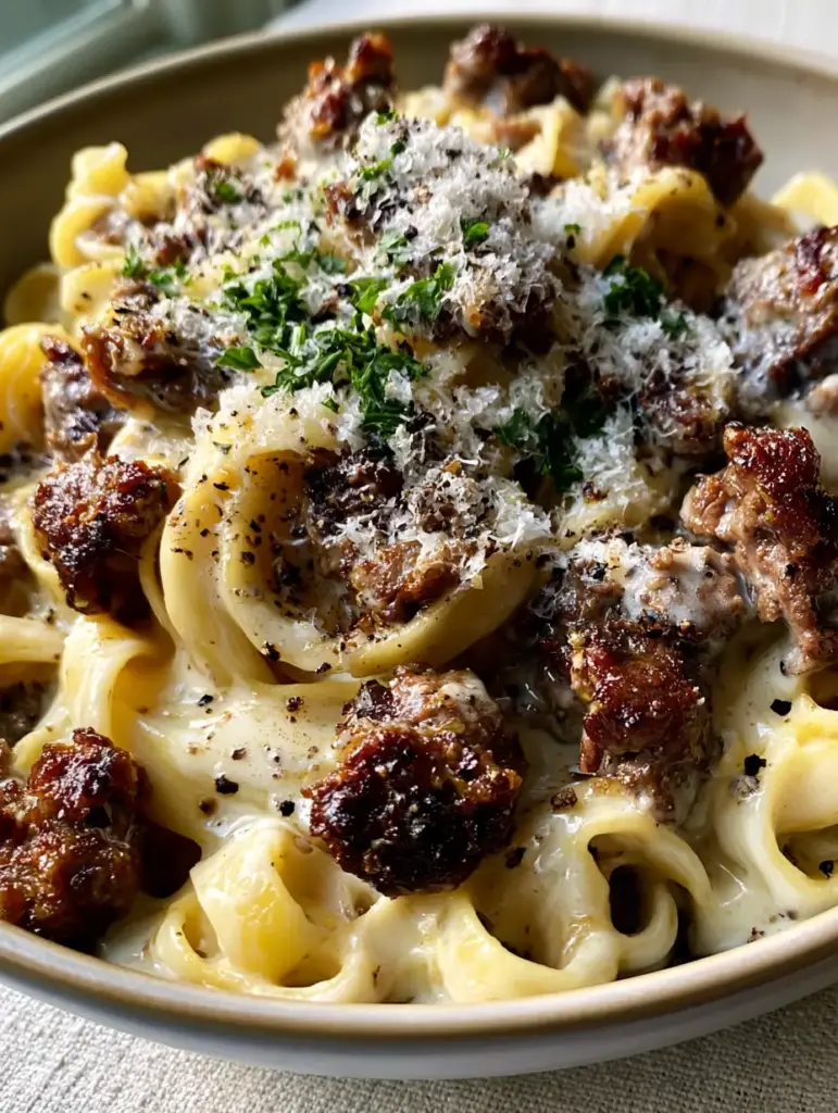 Beef and Garlic Butter Pasta: The Ultimate 30-Minute Creamy Ribbons Recipe 2 Macro photo of glossy ribbon pasta coated in ivory garlic cream sauce with caramelized beef. (Beef and Garlic Butter Pasta)