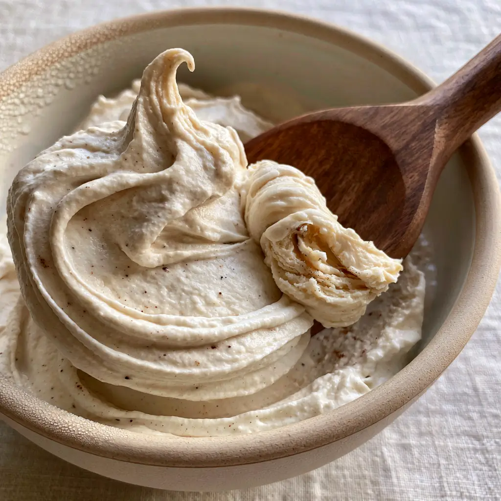 Close-up of a matte ceramic bowl containing smooth instant ice cream with tiny black vanilla bean specks.