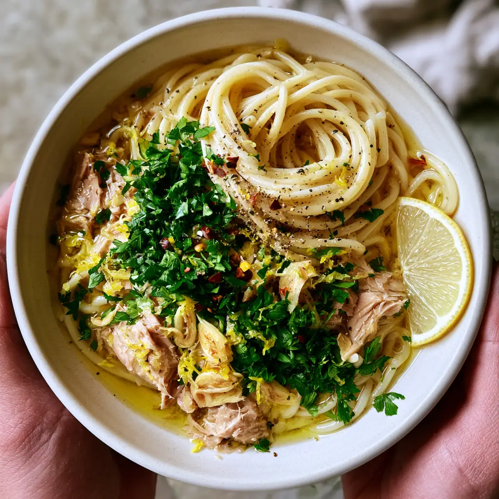 Tuna Spaghetti with Lemon, Garlic, and Butter Sauce 1 Hyper-realistic texture of moist pink tuna flakes and toasted garlic slivers in a pasta bowl. (tuna spaghetti)