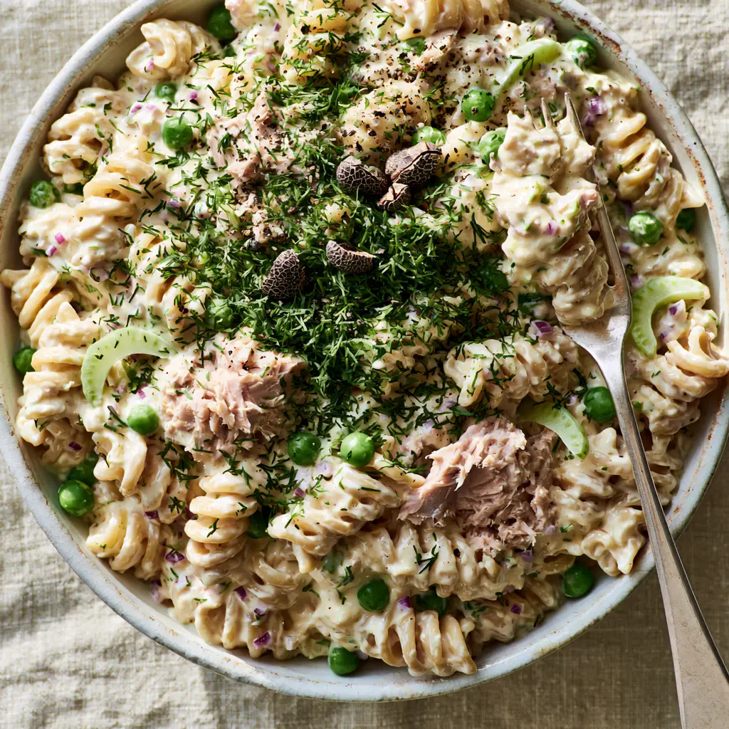 Tuna Pasta Salad with Creamy Dill and Lemon Zest 2 Macro shot of rotini spirals coated in a glossy ivory dressing with chunky tuna flakes and garden peas. (Tuna pasta salad)