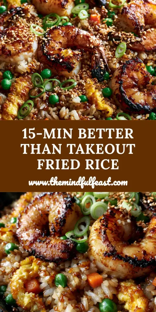 Shrimp Fried Rice: The Ultimate Hibachi-Style Cast Iron Recipe 4 A top-down view of Shrimp Fried Rice in a cast iron skillet with charred jumbo shrimp, golden egg ribbons, and green peas.