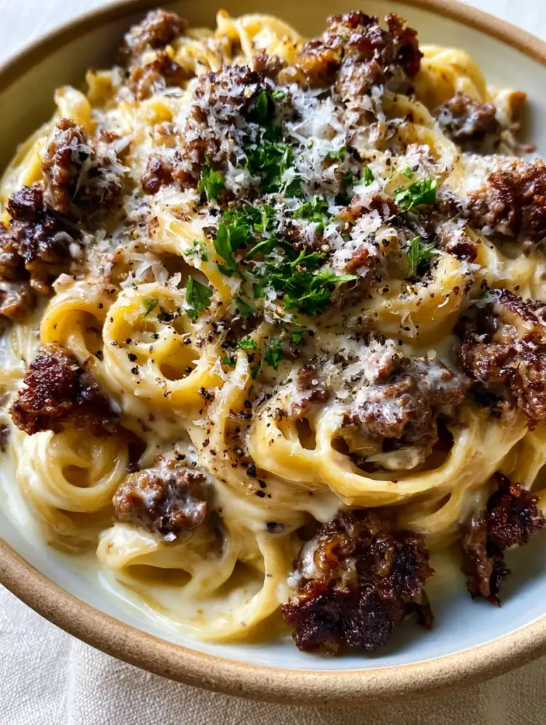 Beef and Garlic Butter Pasta: The Ultimate 30-Minute Creamy Ribbons Recipe 1 A minimalist rustic bowl of Beef and Garlic Butter Pasta topped with fluffy parmesan and fresh parsley.