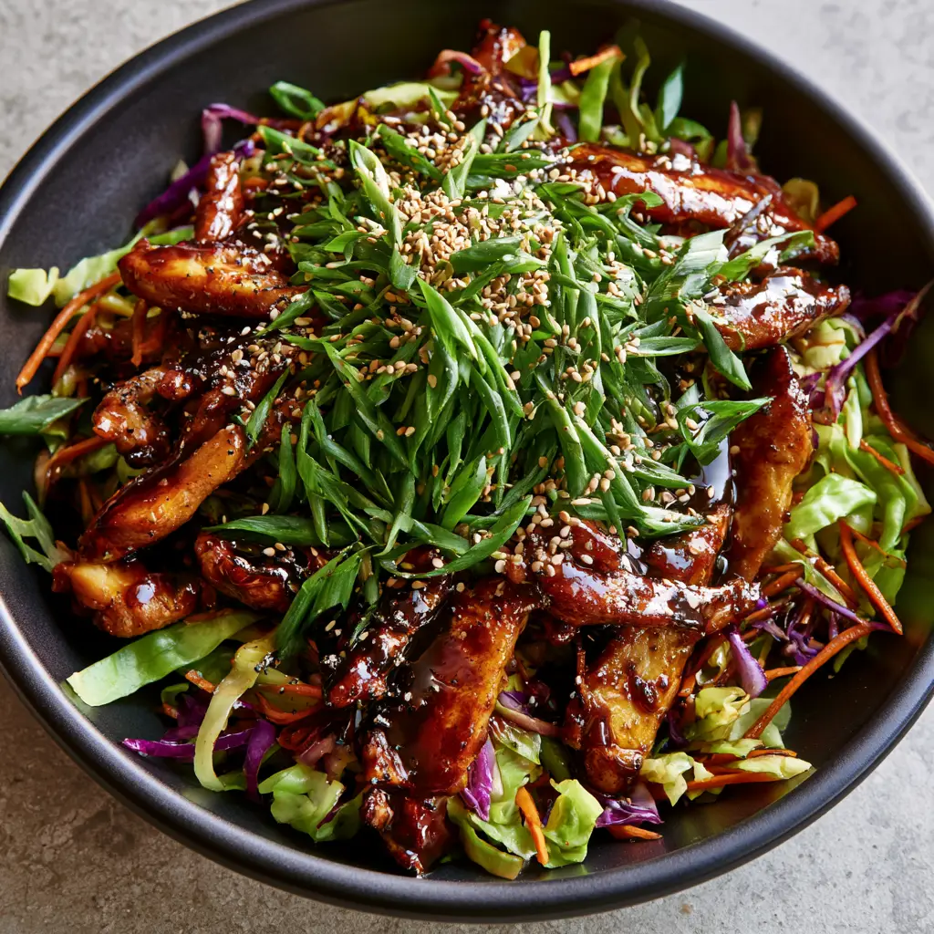 Moo Shu Chicken: A Glossy, Better-Than-Takeout Stir-Fry Recipe 2 Extreme close-up of seared chicken breast strips coated in a thick, dark hoisin sauce with sesame seeds and scallions. (Moo Shu Chicken)