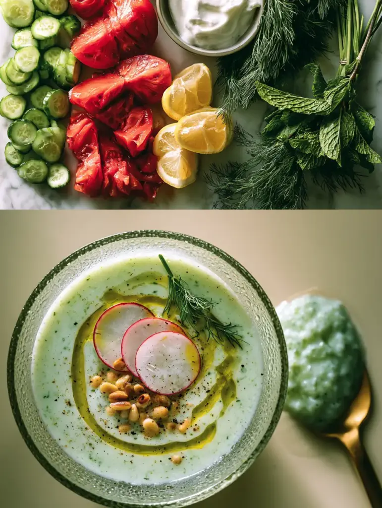 Macro close-up of a pale green cucumber soup with condensation droplets on a glass bowl. (Summer soups)