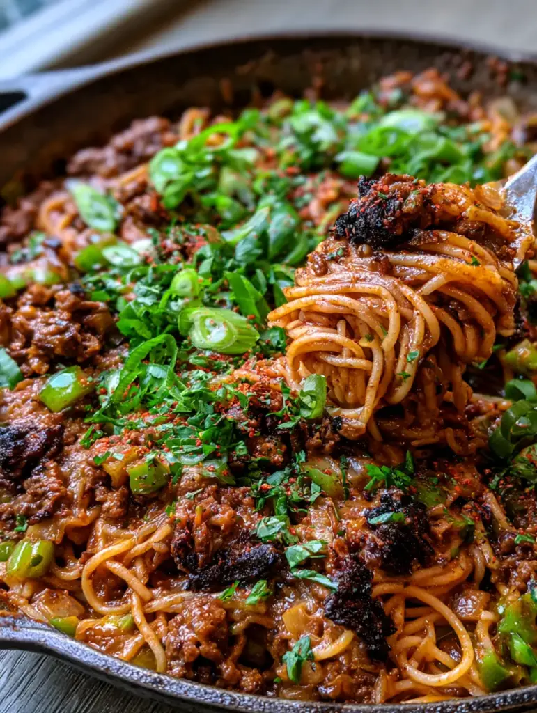 Cajun Inspired Dirty Spaghetti: A Bold, Mahogany-Sauced Skillet Masterpiece 1 Overhead view of glistening Cajun inspired dirty spaghetti showing the green bell peppers and holy trinity vegetables.