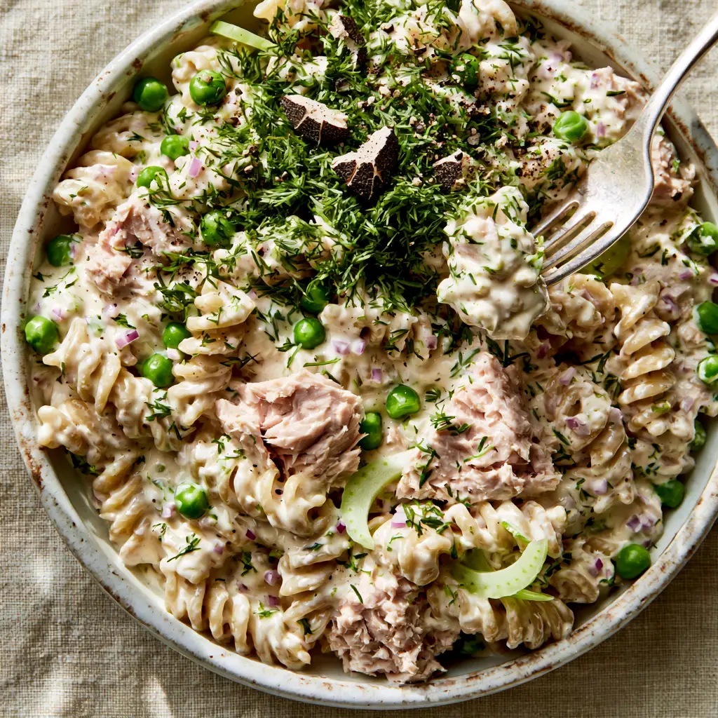 Tuna Pasta Salad with Creamy Dill and Lemon Zest 1 A silver fork lifting a creamy bite of rotini pasta salad with tuna and bright green sweet peas.