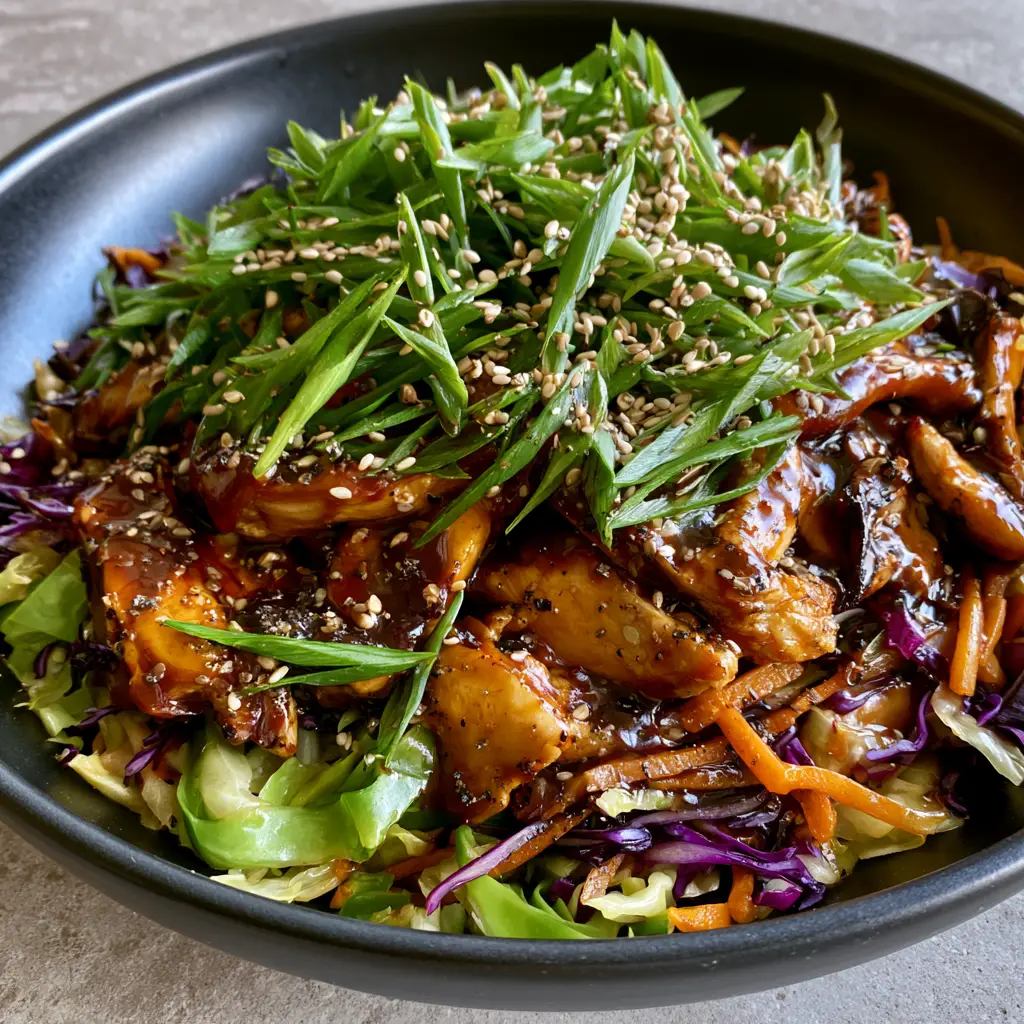 Moo Shu Chicken: A Glossy, Better-Than-Takeout Stir-Fry Recipe 1 A top-down view of Moo Shu Chicken stir-fry showing the contrast between purple cabbage, green scallions, and mahogany glazed chicken.