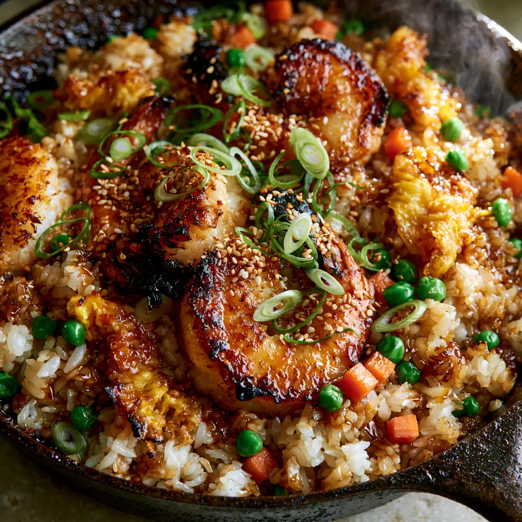 Shrimp Fried Rice: The Ultimate Hibachi-Style Cast Iron Recipe 2 Close-up of succulent jumbo shrimp with deep golden-brown sear marks on a bed of Shrimp Fried Rice.