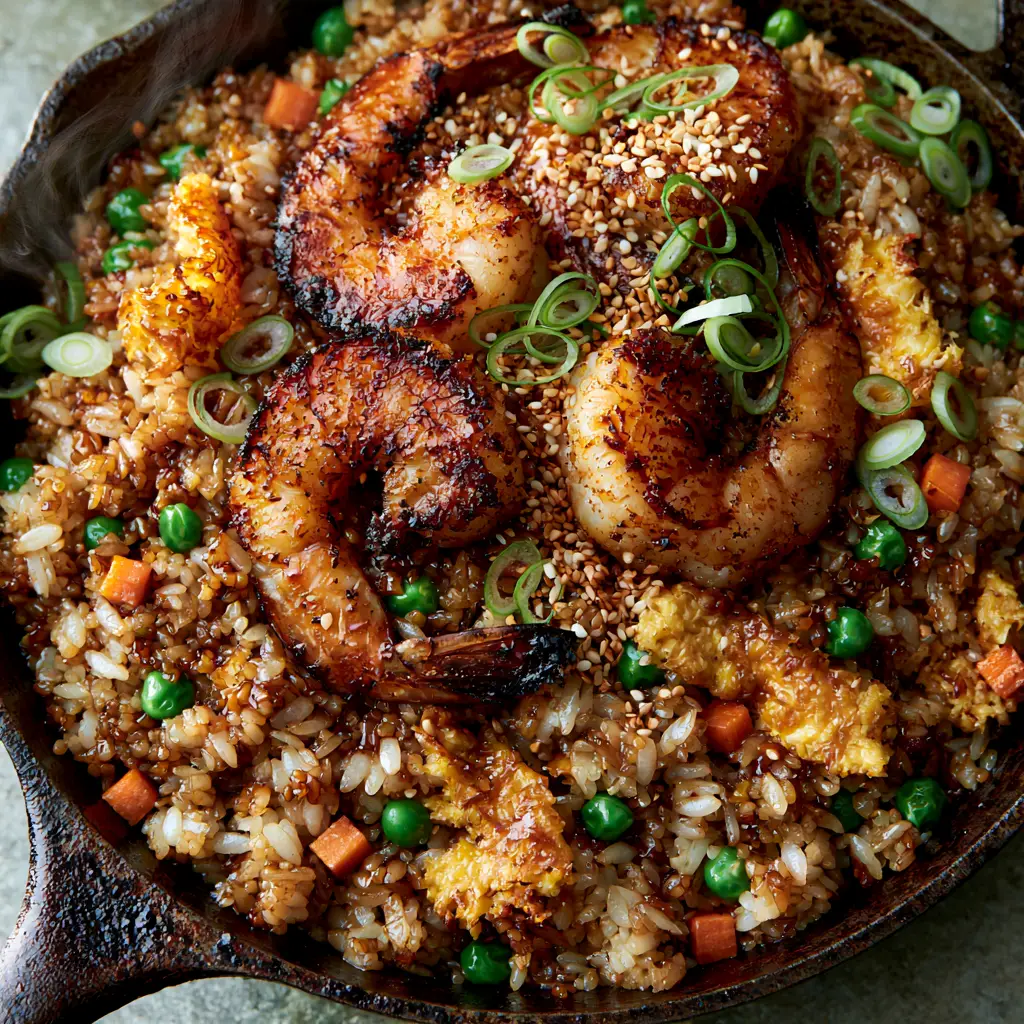 Shrimp Fried Rice: The Ultimate Hibachi-Style Cast Iron Recipe 1 Visual of individual jasmine rice grains glistening with soy glaze and ribbons of golden scrambled egg in Shrimp Fried Rice.