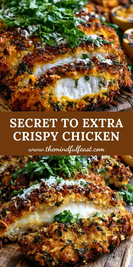 Italian Basil Chicken Cutlets: The Ultimate Crispy Garlic and Herb Recipe 4 Thick slices of extra crispy Italian Basil Chicken Cutlets on a rustic wooden board with fresh basil, parmesan, and charred lemons.