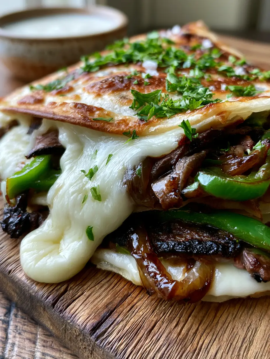 Philly Cheesesteak Quesadillas with Shaved Ribeye and Molten Provolone 3 Close up of molten provolone cascading out of a Philly cheesesteak quesadilla with charred ribeye. (Philly cheesesteak quesadillas)