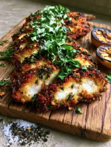 Close-up of jagged panko crust on Italian Basil Chicken Cutlets with visible dried basil and toasted garlic.
