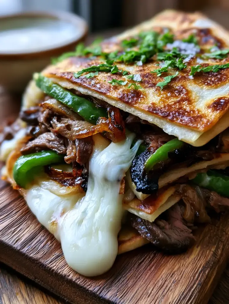 Philly Cheesesteak Quesadillas with Shaved Ribeye and Molten Provolone 1 Side angle of butter-toasted flour tortillas with visible crispy bubbles and green bell peppers. (Philly cheesesteak quesadillas)