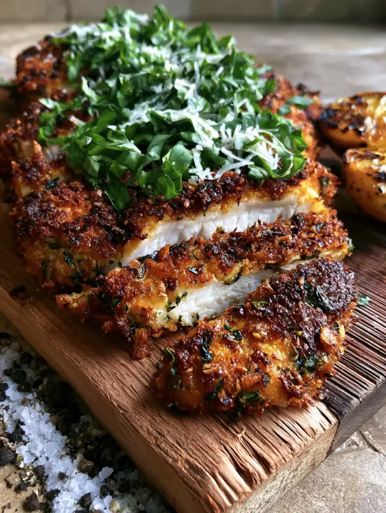 Italian Basil Chicken Cutlets: The Ultimate Crispy Garlic and Herb Recipe 1 Cross-section of a sliced Italian Basil Chicken Cutlet showing glistening white meat and a dusting of microplane parmesan.