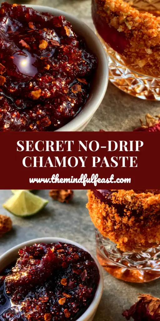 Chamoy Recipe: The Ultimate Thick and Glossy Dark Crimson Rim Paste 3 A close-up shot of a glass rimmed with thick, dark crimson chamoy and orange Tajin seasoning salt, standing next to a bowl of glossy sauce. (chamoy)