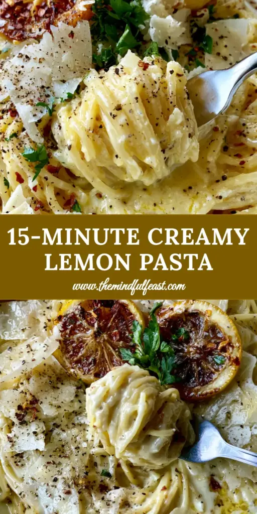 Creamy Lemon Garlic Pasta with Pan-Seared Citrus and Toasted Garlic 4 A shallow white ceramic bowl containing a swirl of spaghetti in a pale-yellow sauce, topped with charred lemon slices, large parmesan shavings, and red chili flakes. (Creamy Lemon Garlic Pasta)