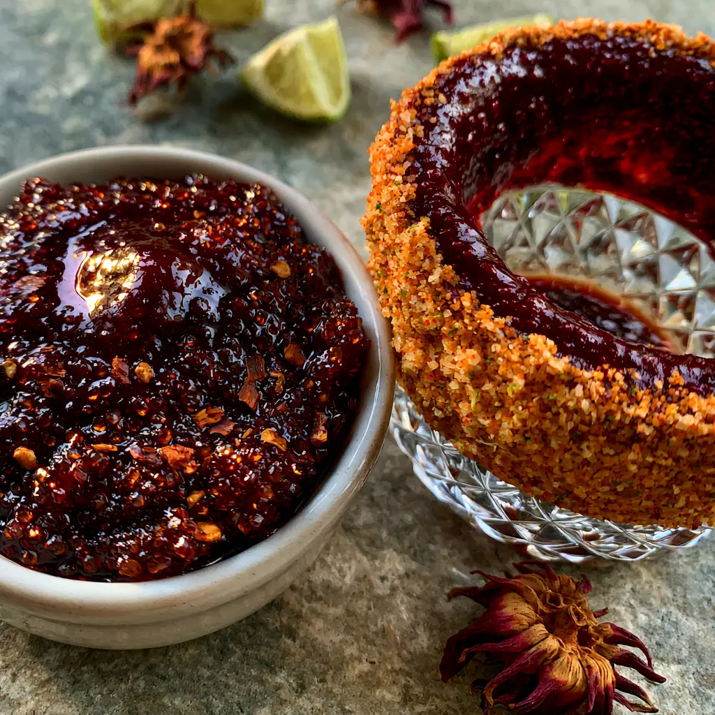 Smartphone photo showing a small ceramic bowl of dark red chamoy sauce with visible chili flakes and a glass coated in thick paste. (chamoy)