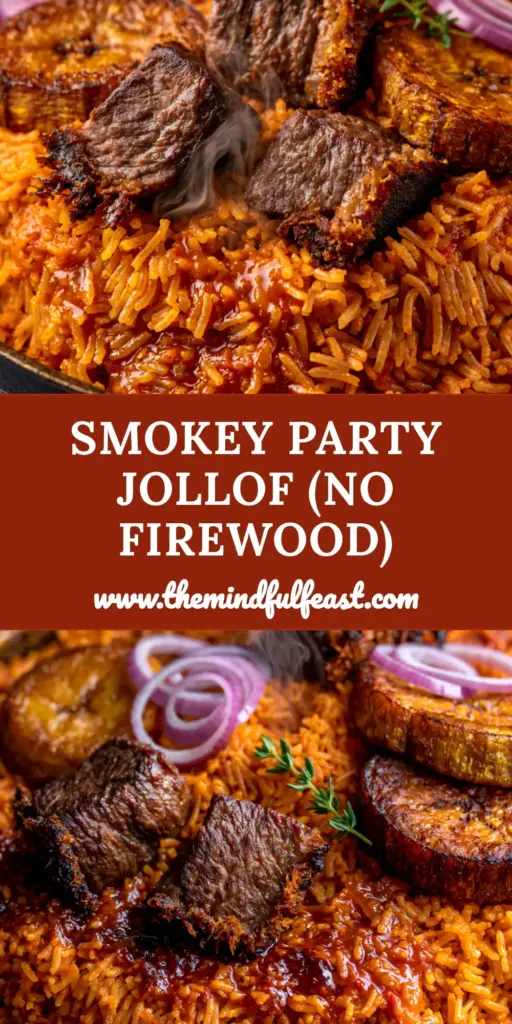 A close-up of Nigerian party jollof rice in a black pot with seared beef, fried plantains, and red onion rings.