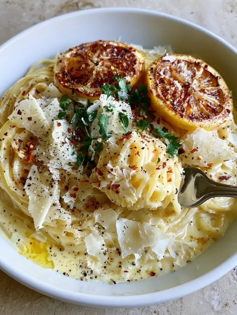 Creamy Lemon Garlic Pasta with Pan-Seared Citrus and Toasted Garlic 2 Overhead view of a thick, glossy lemon cream sauce coating al dente spaghetti strands. (Creamy Lemon Garlic Pasta)