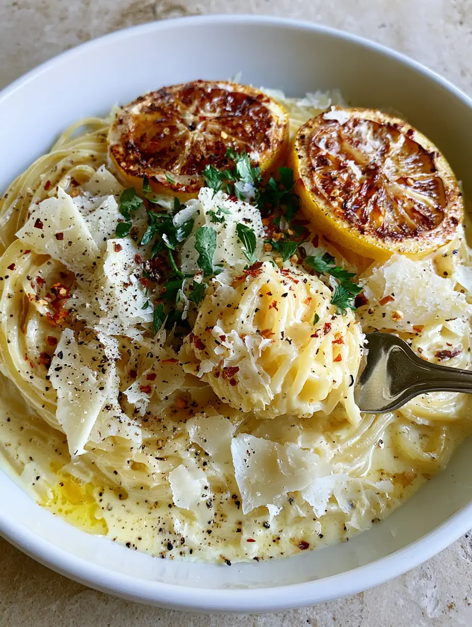 Creamy Lemon Garlic Pasta with Pan-Seared Citrus and Toasted Garlic 3 Overhead view of a thick, glossy lemon cream sauce coating al dente spaghetti strands. (Creamy Lemon Garlic Pasta)