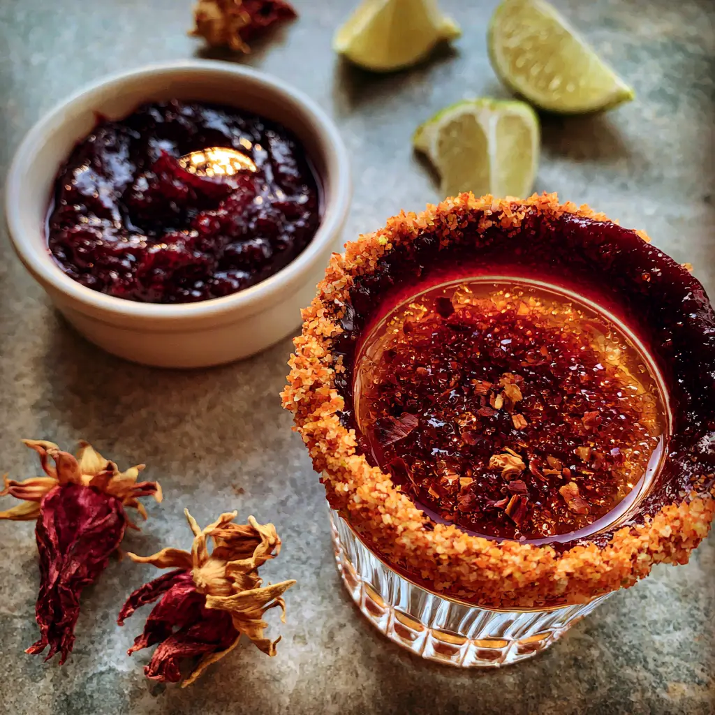 Chamoy Recipe: The Ultimate Thick and Glossy Dark Crimson Rim Paste 1 A top-down view of thick crimson chamoy rim paste in a white bowl with lime wedges and hibiscus flowers scattered nearby. (chamoy)