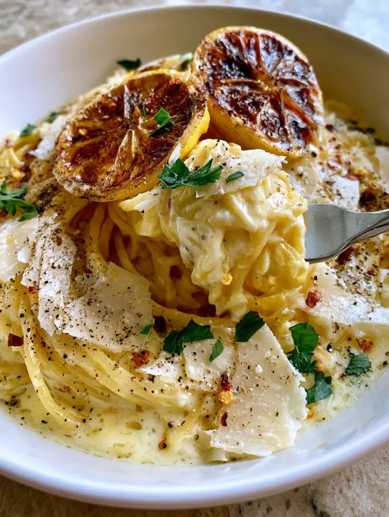 Creamy Lemon Garlic Pasta with Pan-Seared Citrus and Toasted Garlic 1 A silver fork lifting a sauce-laden portion of spaghetti from a white bowl garnished with charred lemons and parsley. (Creamy Lemon Garlic Pasta)