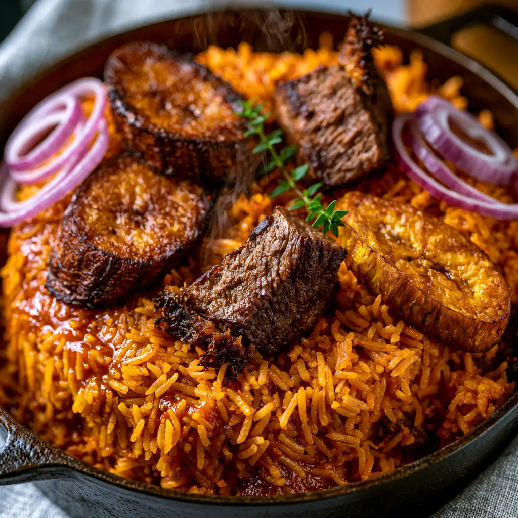 A side view of Nigerian party jollof rice featuring caramelized plantains and fresh thyme garnish.