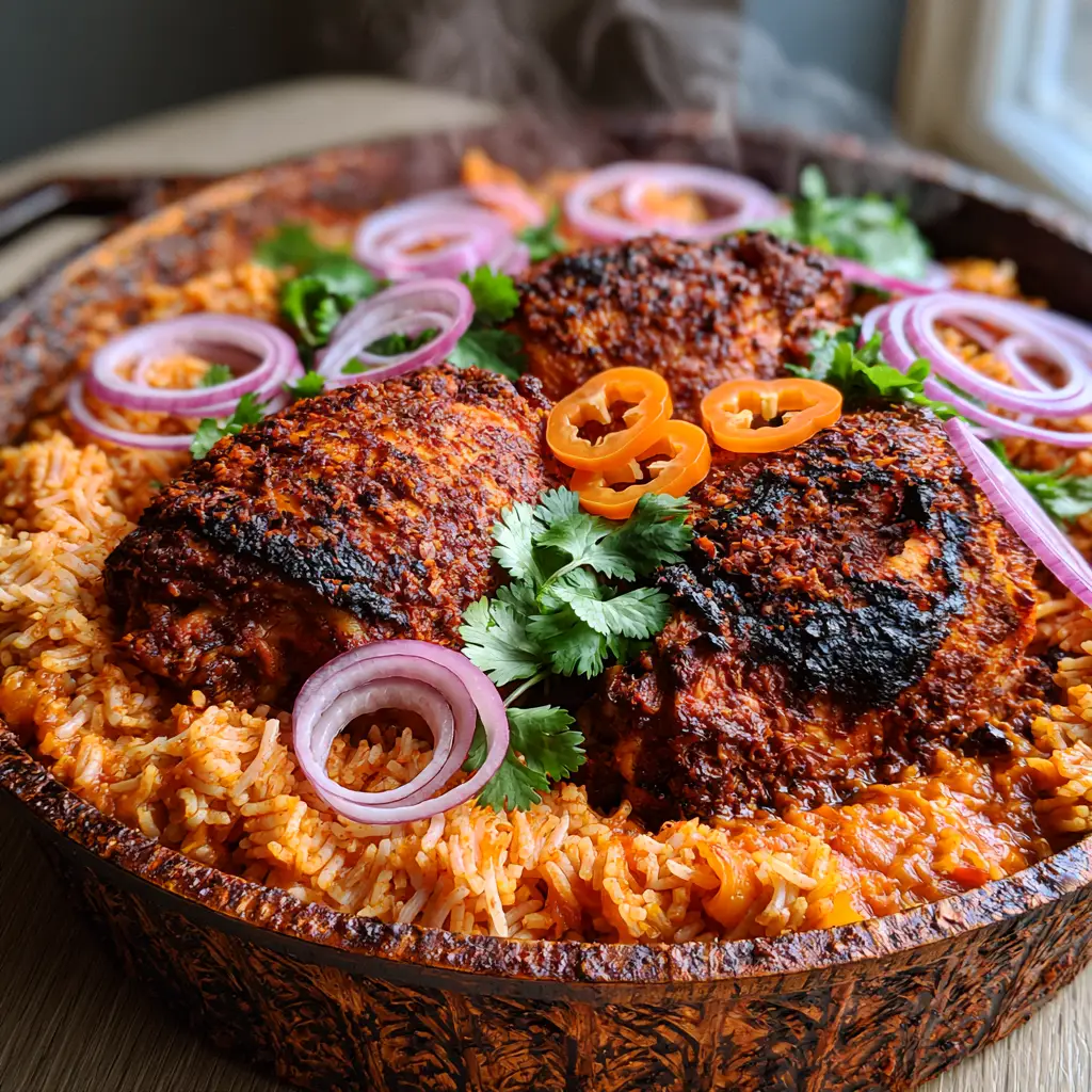 Chicken Jollof Rice: The Ultimate Guide to Smoky, One-Pot Perfection 2 Overhead shot of Chicken Jollof Rice in a cast iron pot featuring long-grain parboiled rice and crispy chicken skin. (Chicken Jollof Rice)