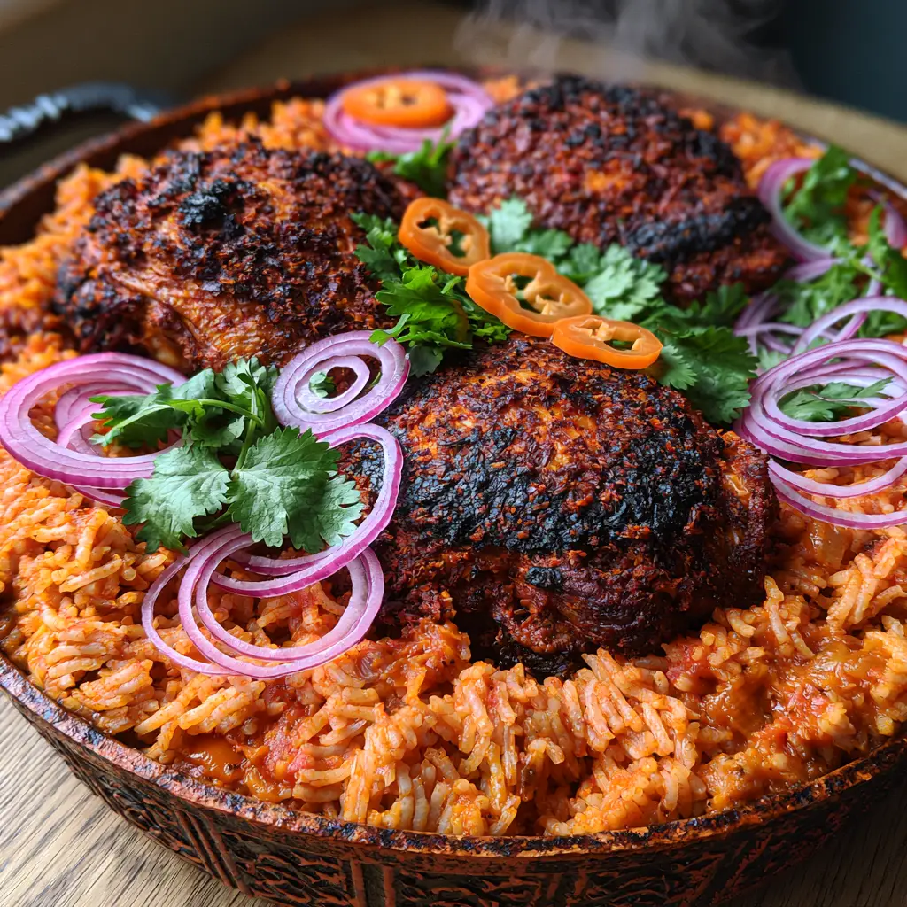 Chicken Jollof Rice: The Ultimate Guide to Smoky, One-Pot Perfection 1 Close up of charred chicken thighs nestled on a bed of seasoned orange rice with cilantro garnishes.