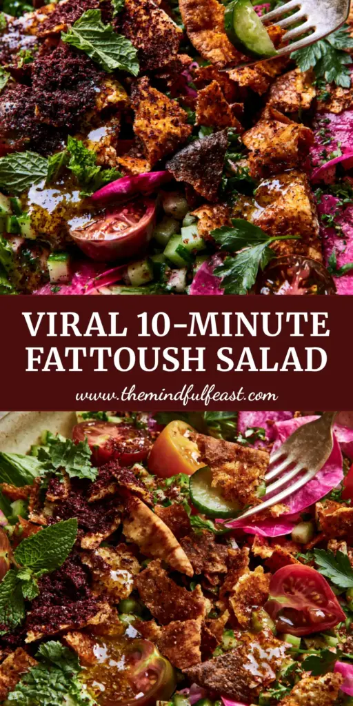 Middle Eastern Salad: The Ultimate Crispy Fattoush with Sumac Lemon Vinaigrette 4 A high-angle macro shot of a vibrant Middle Eastern salad (Fattoush) in a matte cream bowl with crispy pita chips, pink radishes, and heirloom tomatoes.