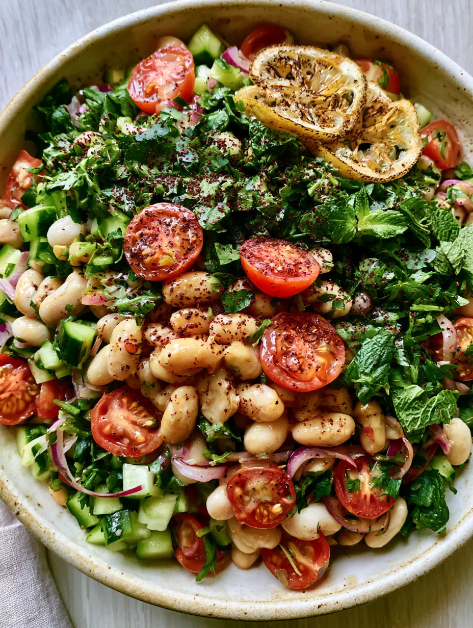 White Bean Salad with Lemon-Tahini Dressing and Charred Lemon 3 Close up of glossy cannellini beans tossed with lemon tahini dressing and vibrant herbs. (white bean salad)