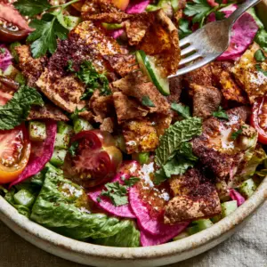 Close-up of Middle Eastern salad highlighting paper-thin radishes, diced Persian cucumbers, and glistening lemon-sumac vinaigrette.