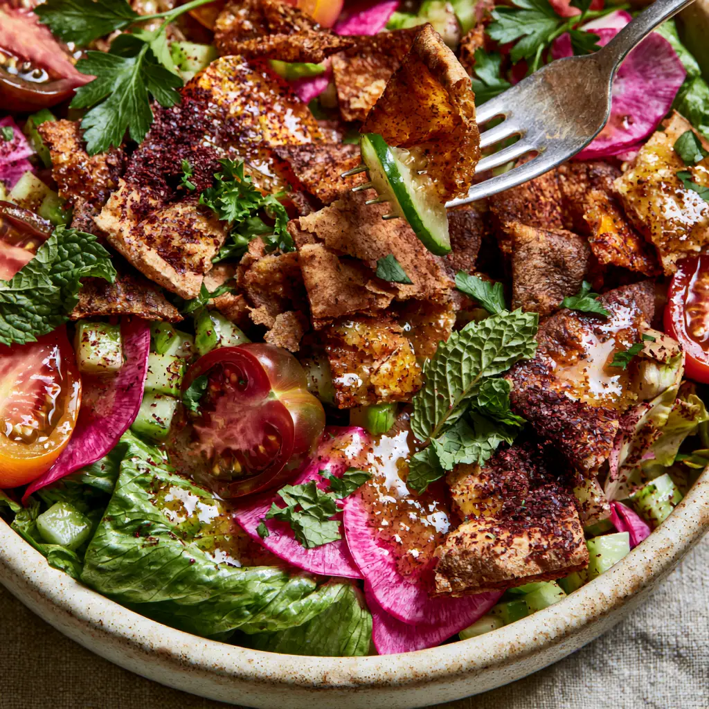 Middle Eastern Salad: The Ultimate Crispy Fattoush with Sumac Lemon Vinaigrette 2 Close-up of Middle Eastern salad highlighting paper-thin radishes, diced Persian cucumbers, and glistening lemon-sumac vinaigrette.