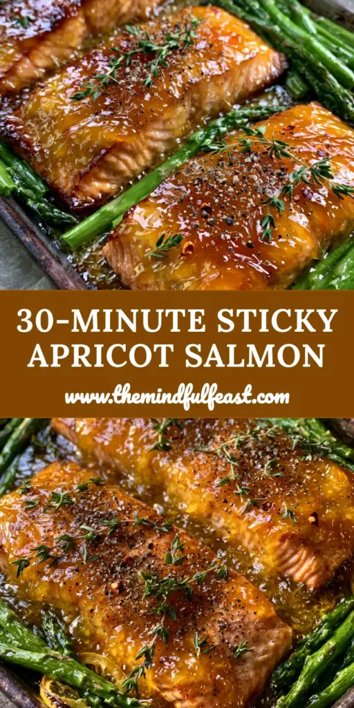 Apricot Dijon Glazed Salmon with Roasted Asparagus and Charred Lemon 4 A top-down shot of Apricot Dijon Glazed Salmon on a sheet pan with asparagus and charred lemons.