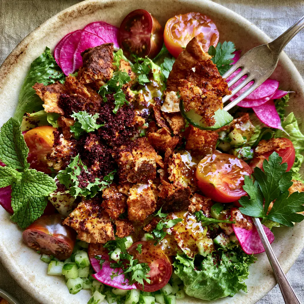 Middle Eastern Salad: The Ultimate Crispy Fattoush with Sumac Lemon Vinaigrette 1 A silver fork lifting a bite of Middle Eastern salad showing a golden fried pita chip and a juicy cucumber slice.