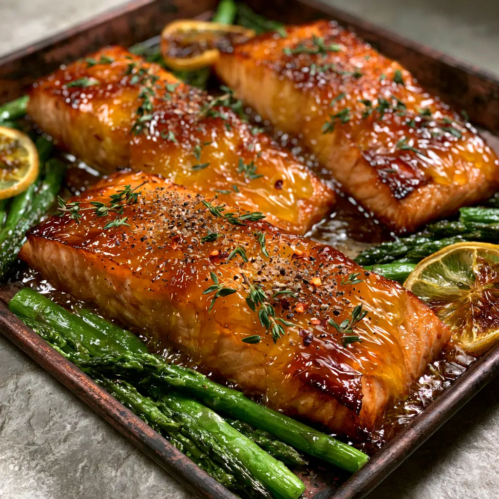 Apricot Dijon Glazed Salmon with Roasted Asparagus and Charred Lemon 2 Close up of three succulent Atlantic salmon fillets with a thick golden-orange apricot-dijon glaze. (Apricot Dijon Glazed Salmon)