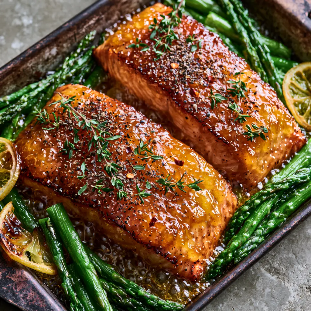 Apricot Dijon Glazed Salmon with Roasted Asparagus and Charred Lemon 1 Sheet pan featuring Apricot Dijon Glazed Salmon, bright green asparagus, and charred lemon wheels.