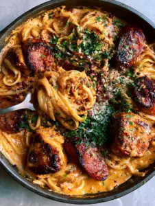 Close up of orange Cajun cream sauce clinging to linguine noodles with seared chicken. (Cajun Sausage and Chicken Linguine)