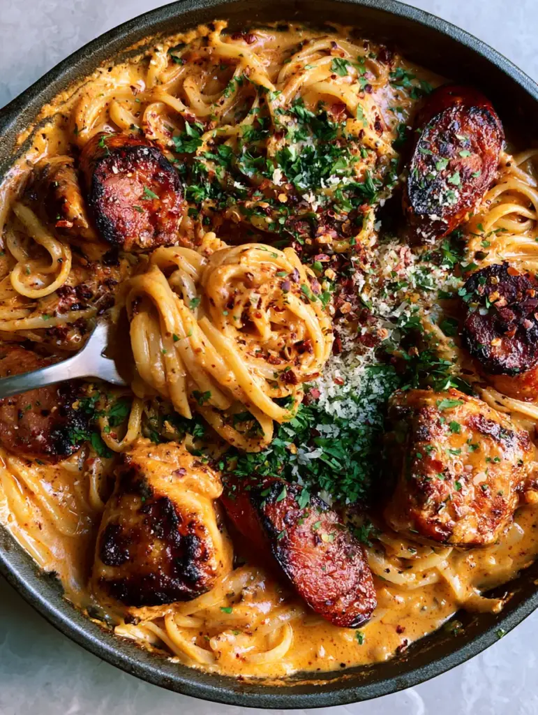 Cajun Sausage and Chicken Linguine with a Velvety Cream Sauce 2 Close up of orange Cajun cream sauce clinging to linguine noodles with seared chicken. (Cajun Sausage and Chicken Linguine)