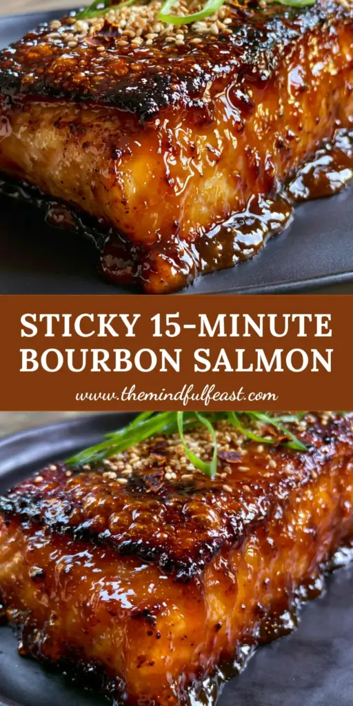 Salmon with Bourbon Glaze: The Ultimate Sticky, Seared Masterpiece 4 A thick seared salmon fillet on a matte black plate covered in a glistening, viscous amber honey bourbon glaze with sesame seeds and green scallions. (Salmon with Bourbon Glaze)
