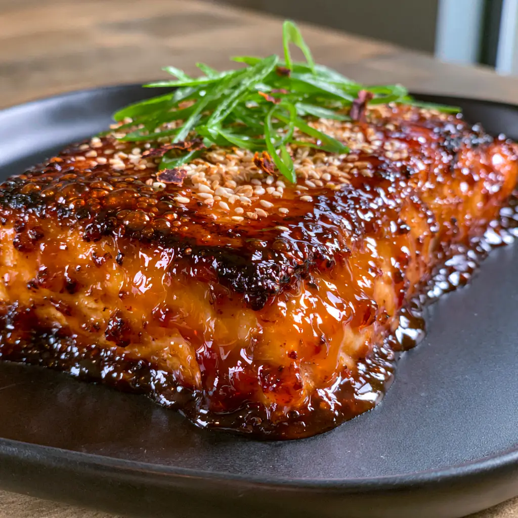 Salmon with Bourbon Glaze: The Ultimate Sticky, Seared Masterpiece 2 Extreme close-up of a seared salmon fillet with a dark bubbly caramelized crust and thick dripping amber glaze. (Salmon with Bourbon Glaze)