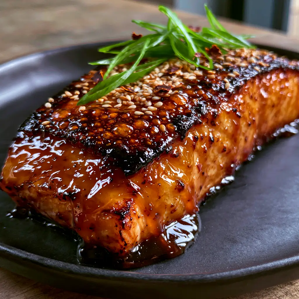 Salmon with Bourbon Glaze: The Ultimate Sticky, Seared Masterpiece 1 Salmon with Bourbon Glaze on a matte black ceramic plate featuring sliced scallions and red pepper flakes garnish.